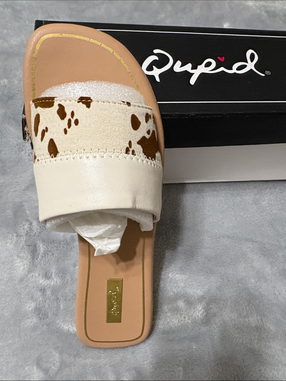 Qupid Cream Cowprint Strap Slide Sandal with Brown Accents